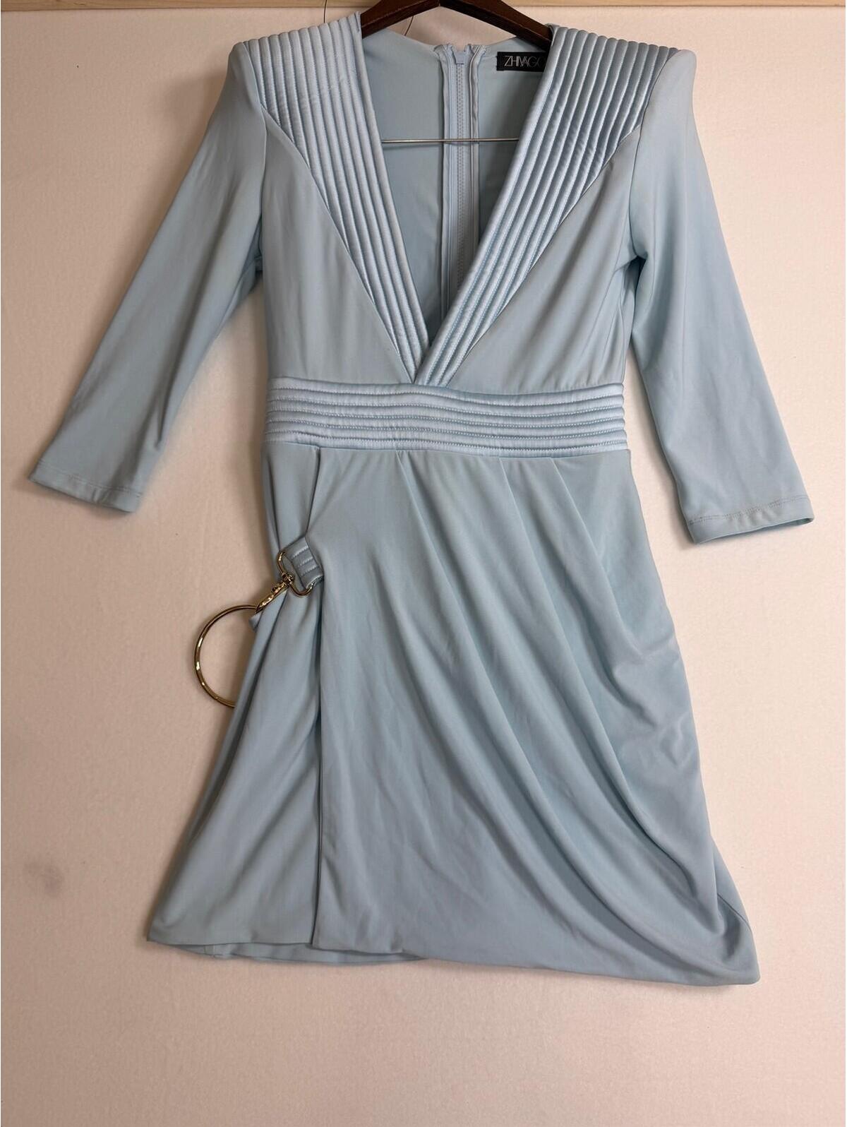 Zhvago Women's Blue V-Neck Ruched Dress Gold Ring Accent Long Sleeve Size M
